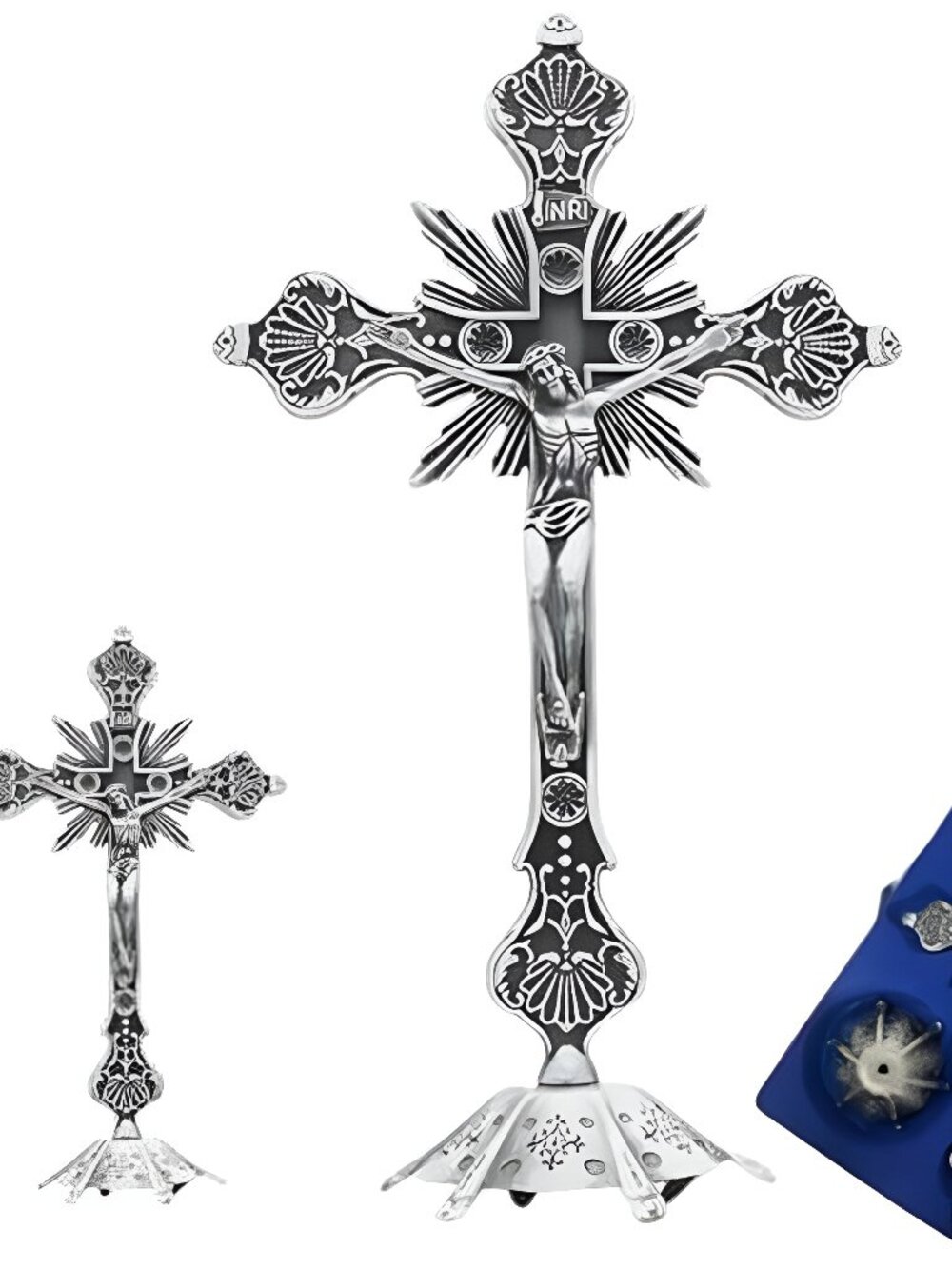10" Silver Decorative Metal Standing Crucifix with Base – Ornate Victorian